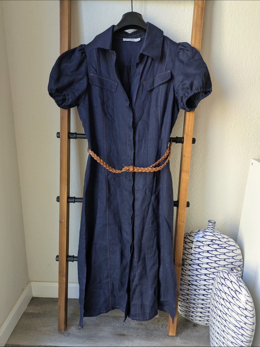 Taranko Women's 100% Linen Navy Puff-Sleeve Midi Dress with Braided Belt